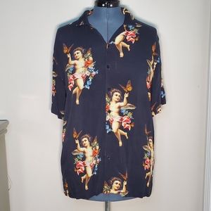 Petals and Peacocks Black Button Down Angel Shirt